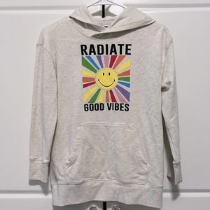 PopSugar x Old Navy “Radiate Good Vibes” Smiley Face Hoodie Cream Grey Rainbow
